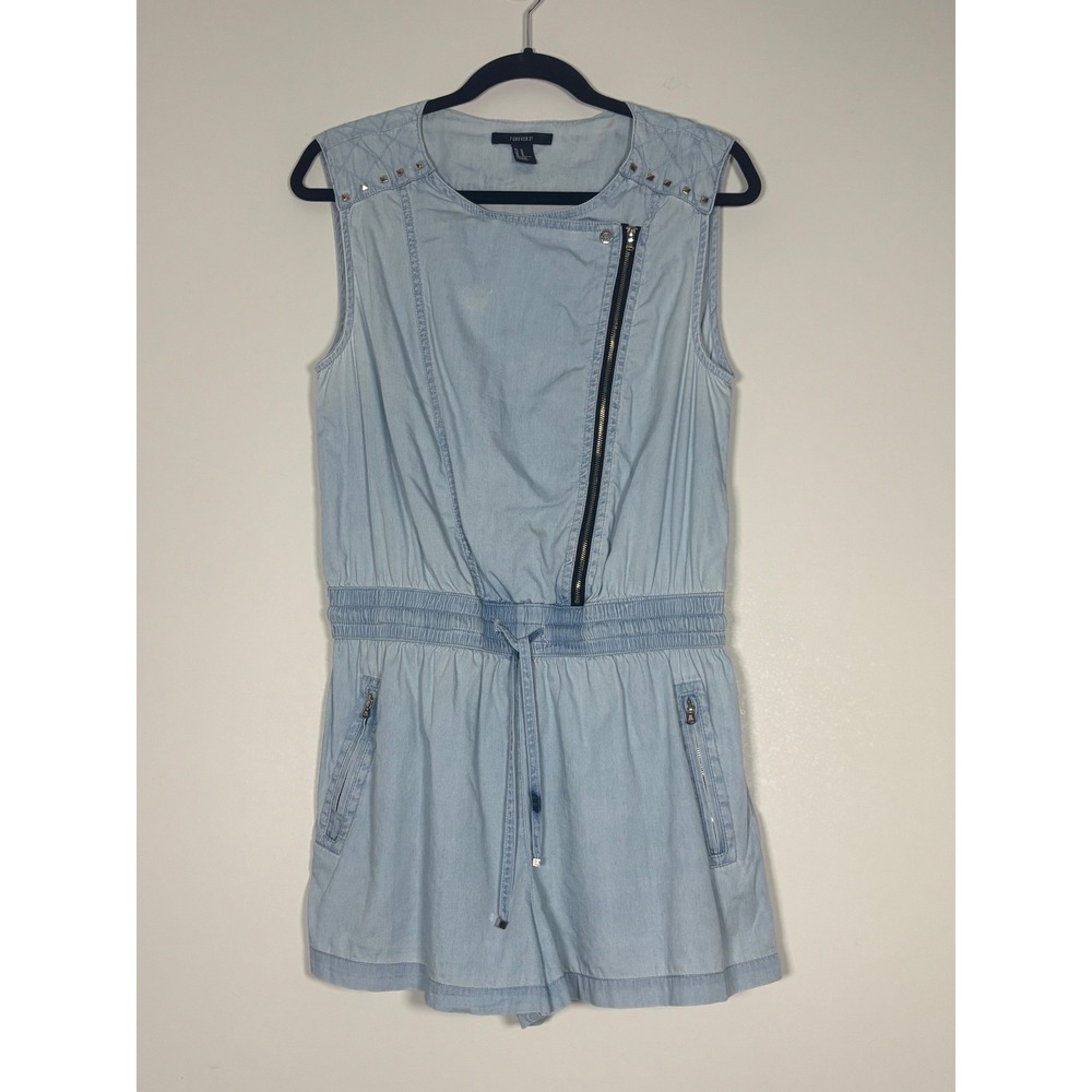 Forever 21 Light Wash Denim Romper Studded Quilted Sleeveless Blue